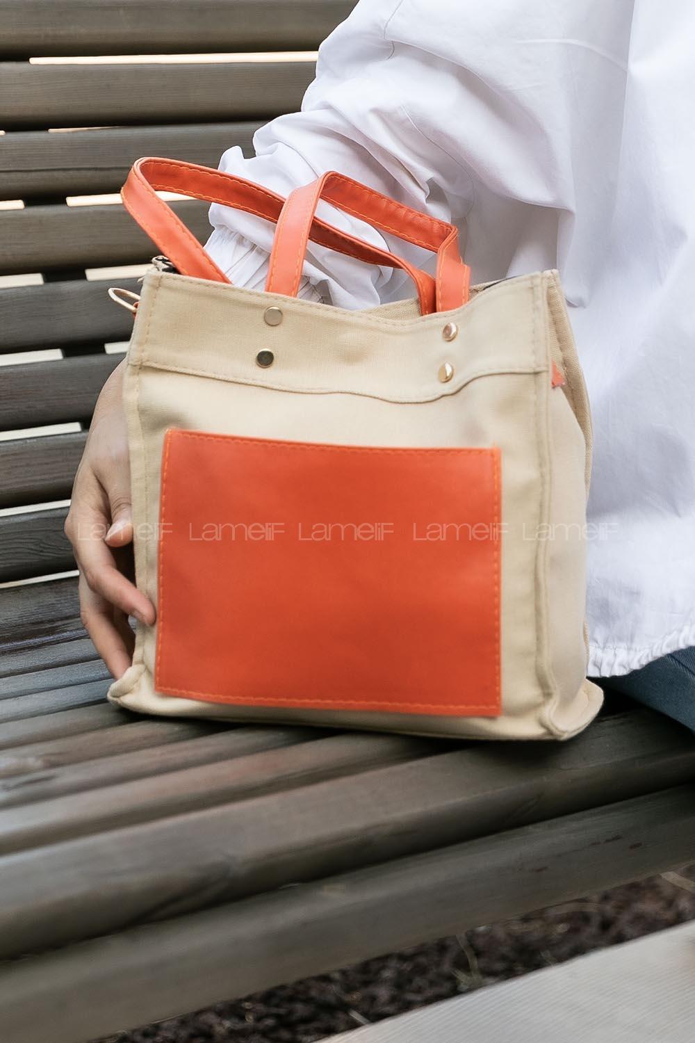 Modalamelif Kadın Garnili Organik Keten Kumaş Çapraz Çanta Pelly Oranj