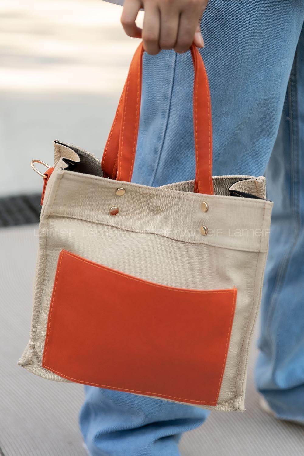 Modalamelif Kadın Garnili Organik Keten Kumaş Çapraz Çanta Pelly Oranj