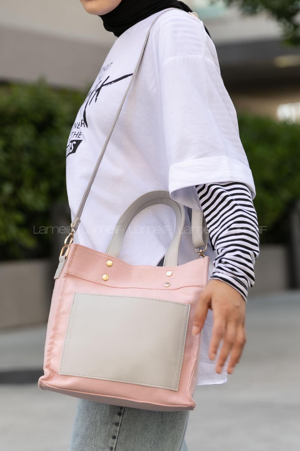 Modalamelif Kadın Garnili Organik Keten Kumaş Çapraz Çanta Pelly Pudra