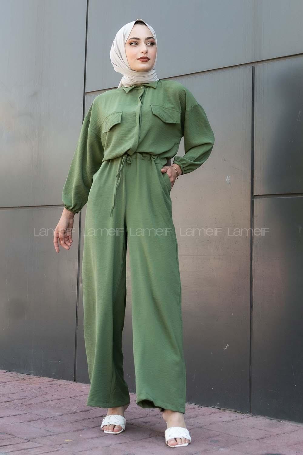 Modalamelif Kapak Cep Modelli Beli Tünel Bağlamalı Slopet Tulum Haki