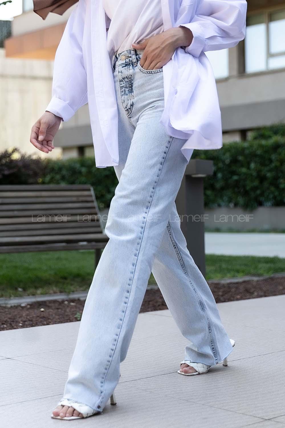 Modalamelif Kar Yıkama Paçası Kesik Bol Paça Jean Pantolon