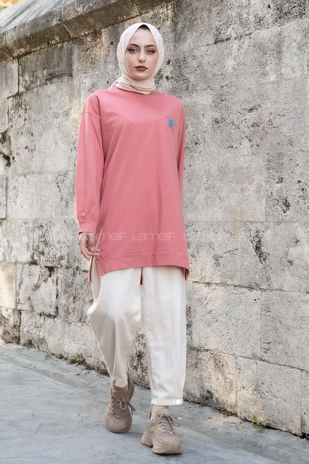 Modalamelif Kelebek Baskılı Yırtmaçlı Uzun Tunik Gül