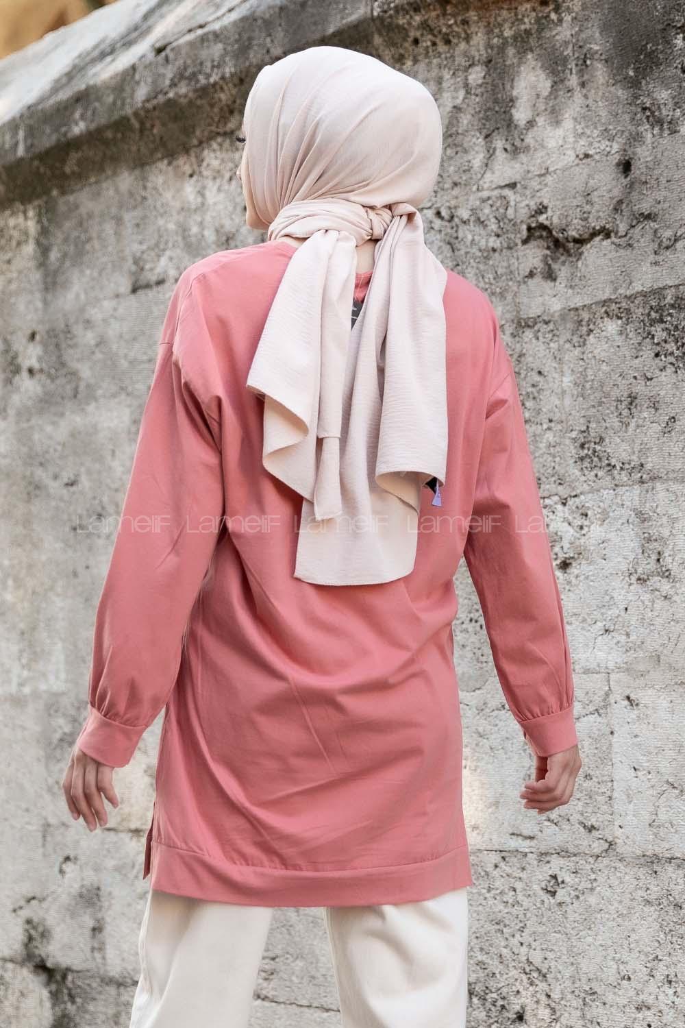 Modalamelif Kelebek Baskılı Yırtmaçlı Uzun Tunik Gül