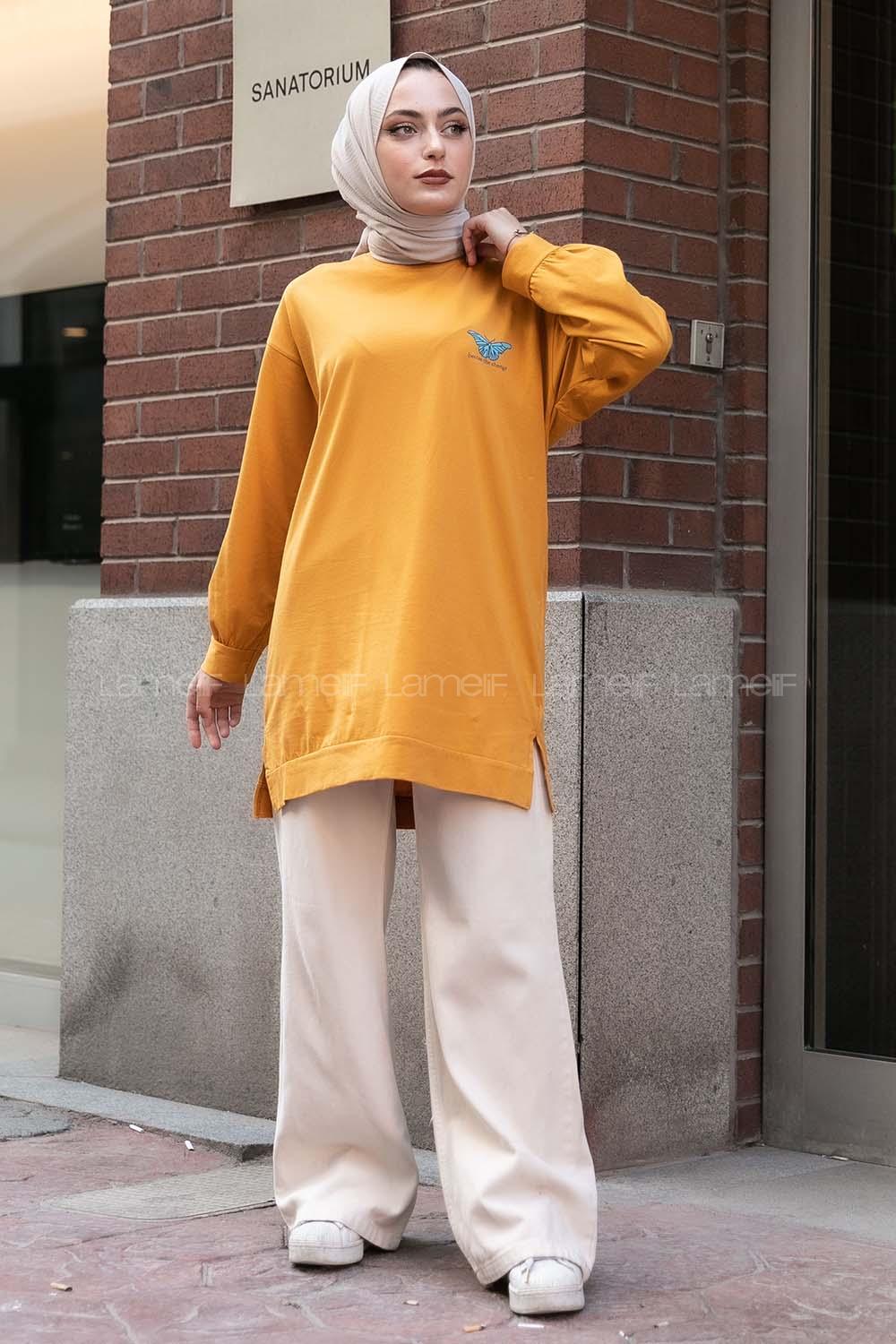 Modalamelif Kelebek Baskılı Yırtmaçlı Uzun Tunik Hardal Sarısı