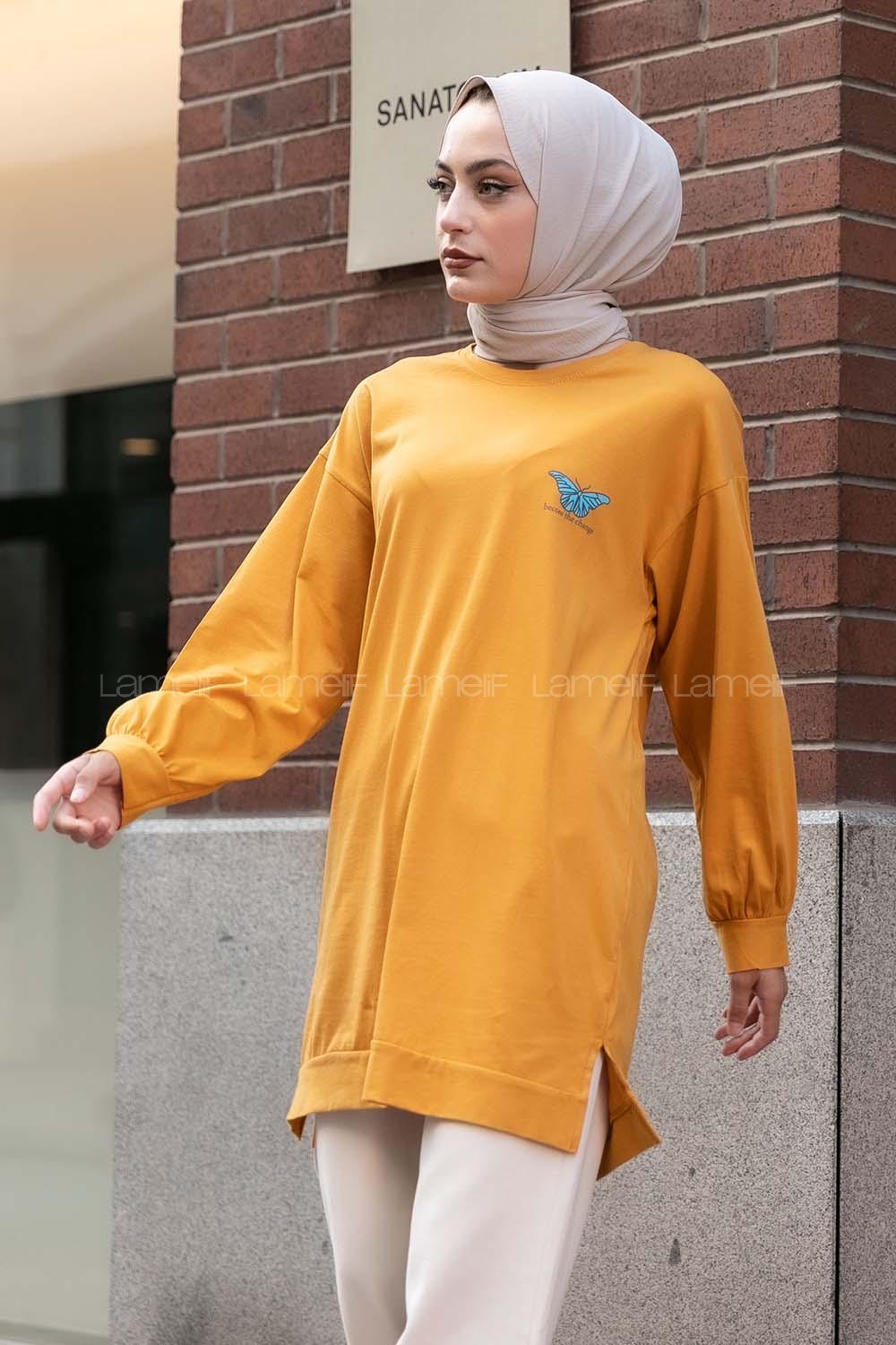 Modalamelif Kelebek Baskılı Yırtmaçlı Uzun Tunik Hardal Sarısı