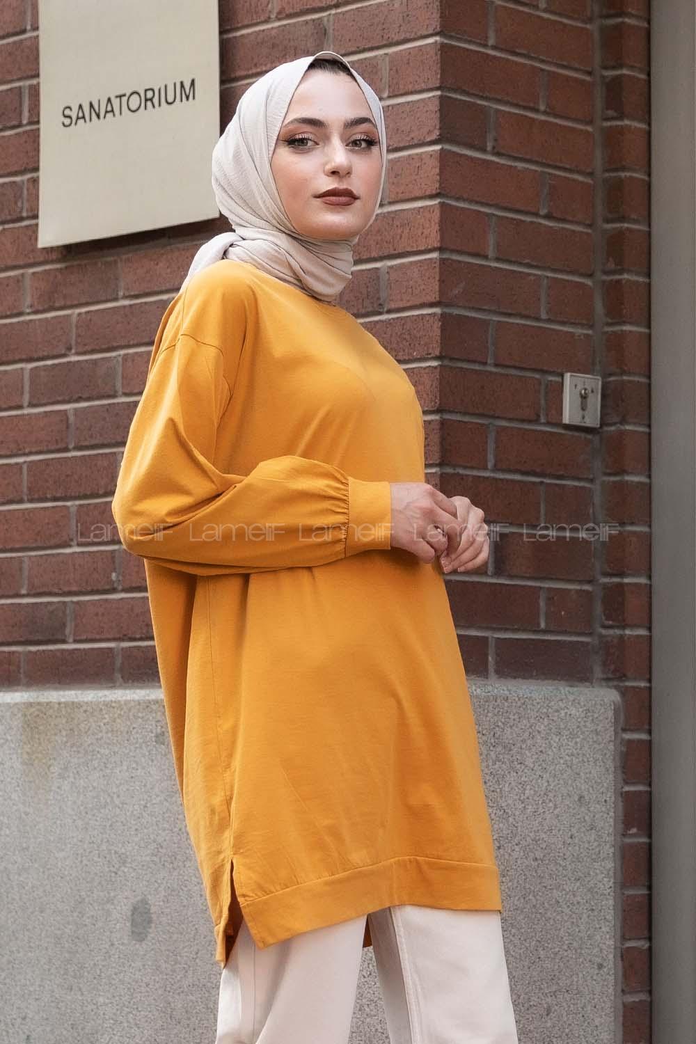 Modalamelif Kelebek Baskılı Yırtmaçlı Uzun Tunik Hardal Sarısı