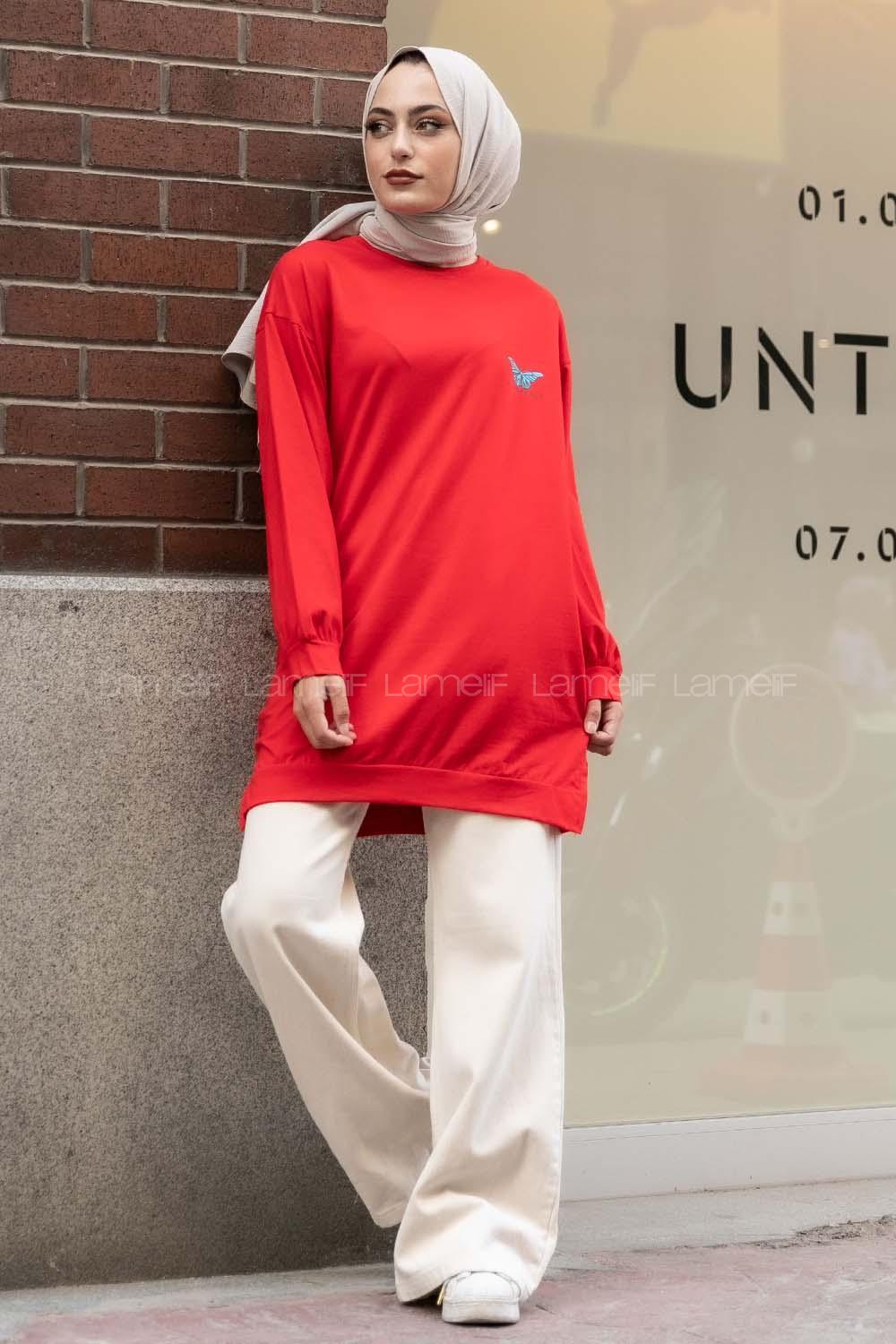 Modalamelif Kelebek Baskılı Yırtmaçlı Uzun Tunik Kırmızı