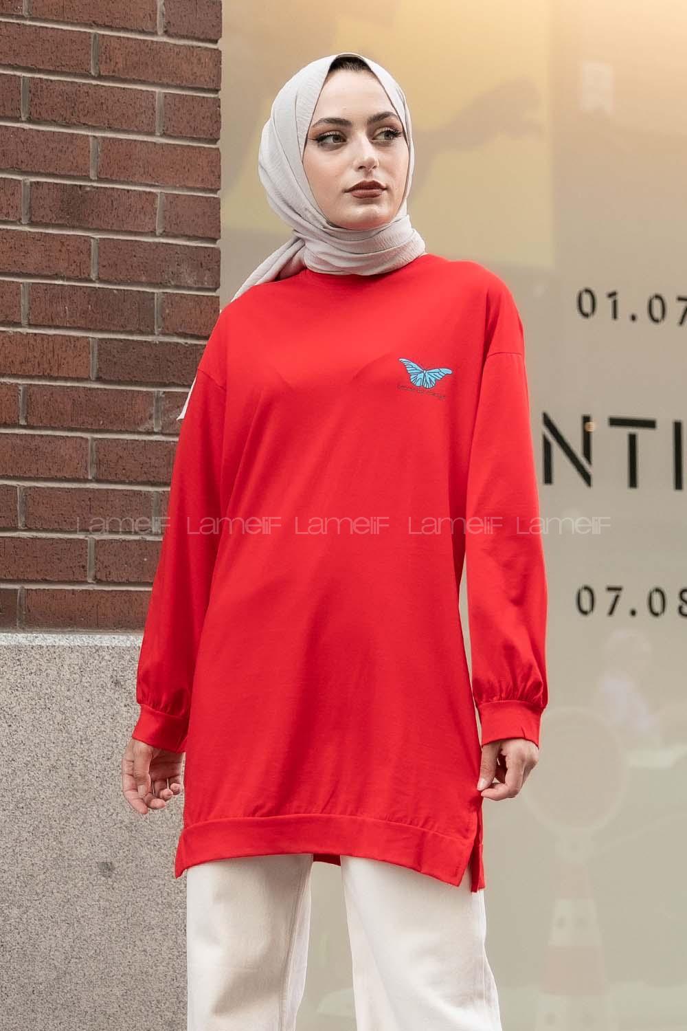 Modalamelif Kelebek Baskılı Yırtmaçlı Uzun Tunik Kırmızı