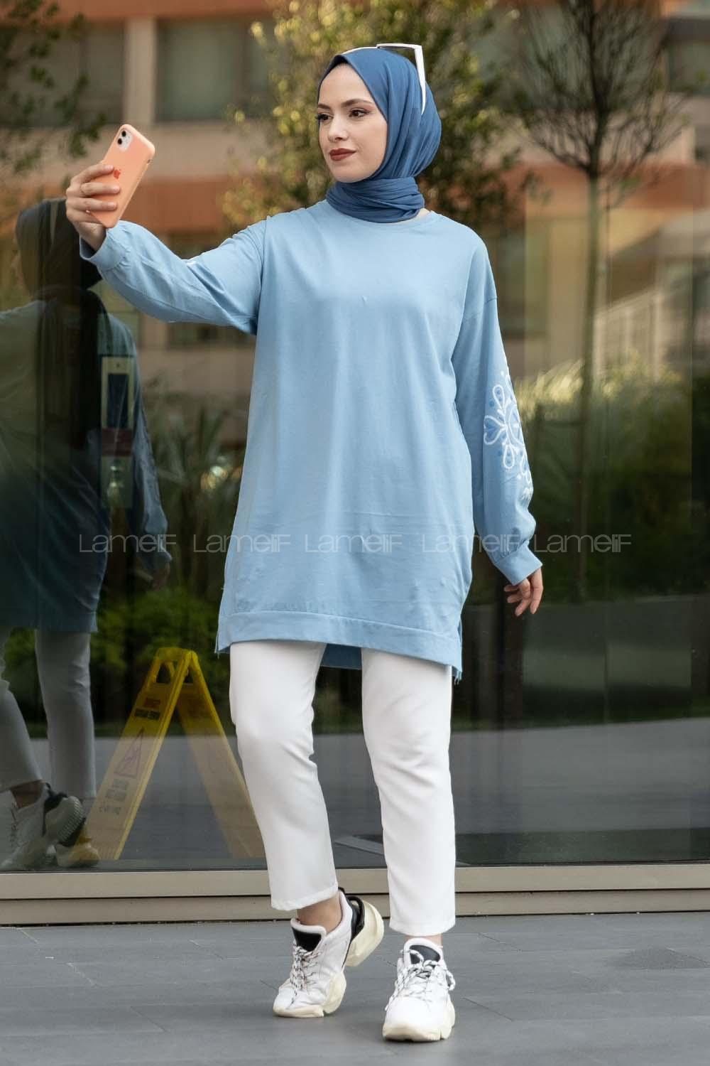 Modalamelif Kolu Nakış İşlemeli Tunik Mavi