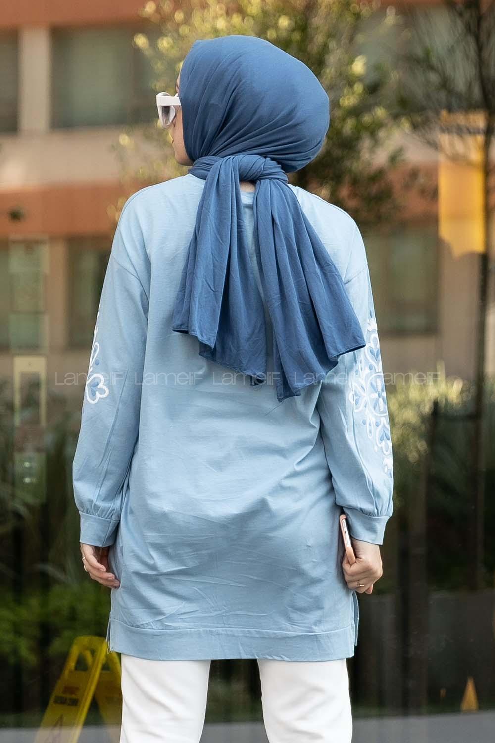 Modalamelif Kolu Nakış İşlemeli Tunik Mavi