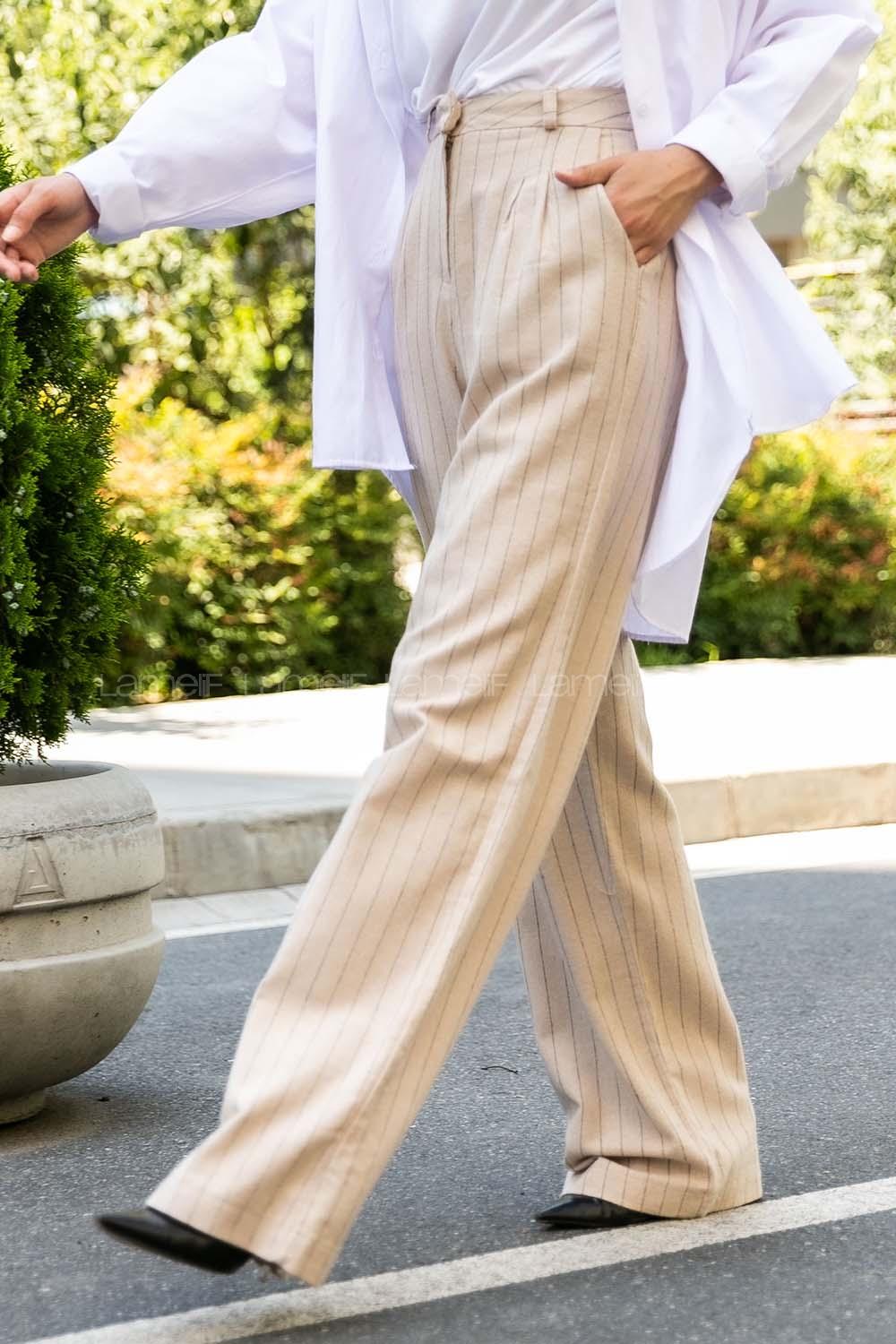 Modalamelif  Çizgili Bol Paça Keten Pantolon Kum Beji
