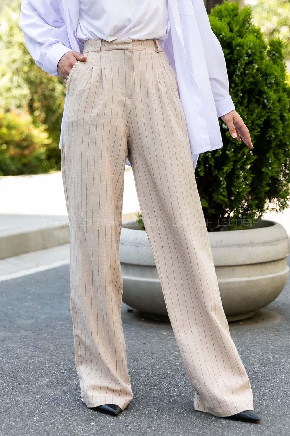 Modalamelif  Çizgili Bol Paça Keten Pantolon Kum Beji