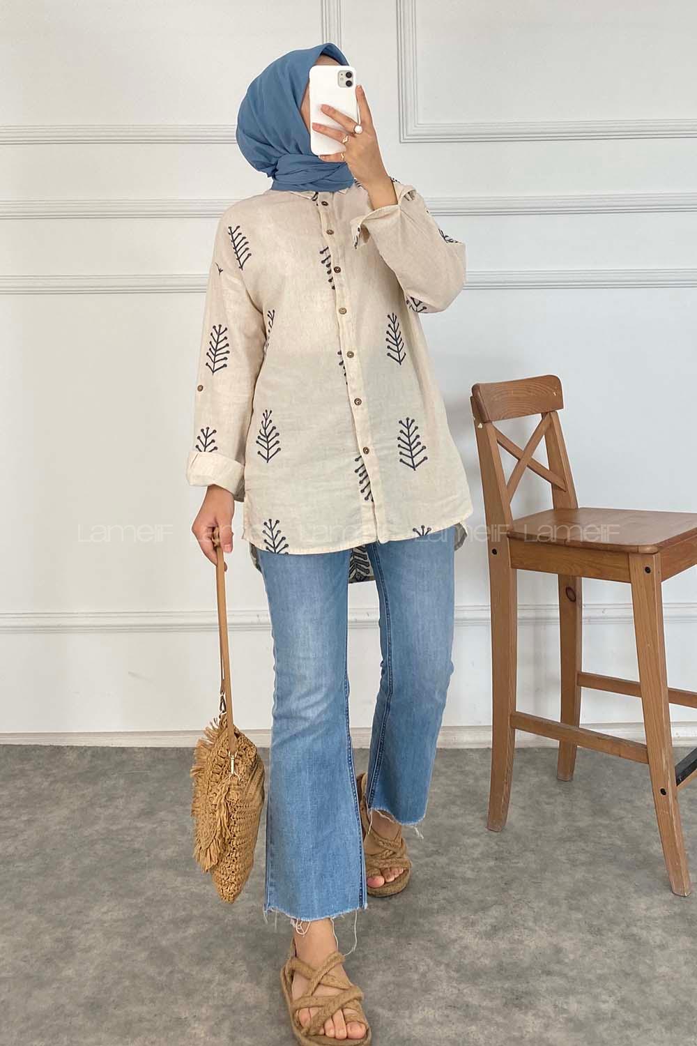 Modalamelif Motif İşlemeli Önü Kısa Arkası Uzun Gömlek Taş