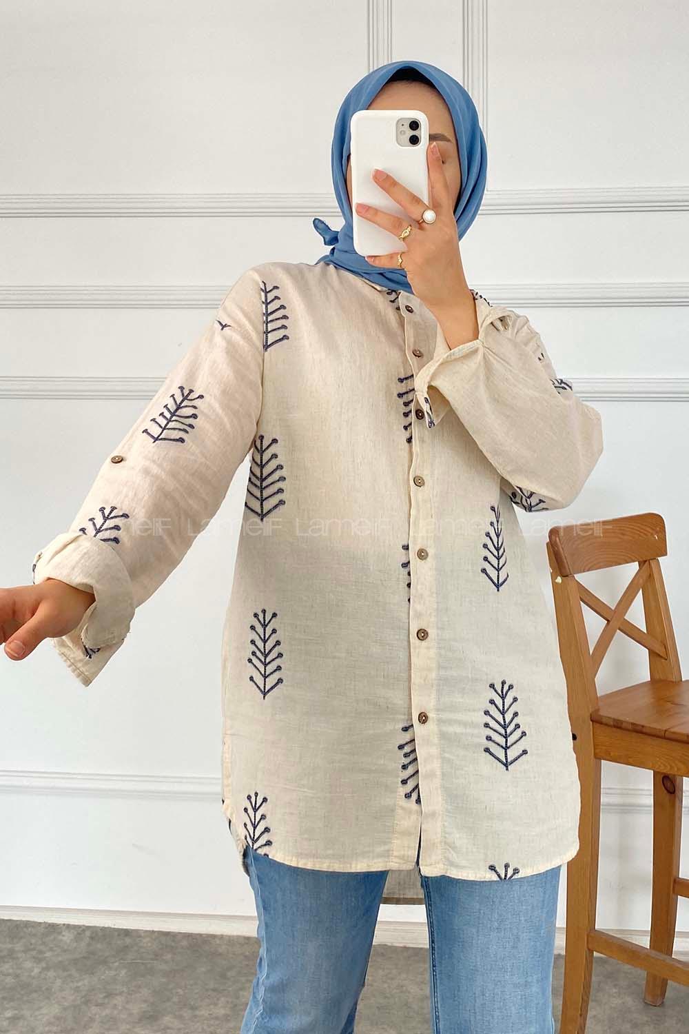 Modalamelif Motif İşlemeli Önü Kısa Arkası Uzun Gömlek Taş