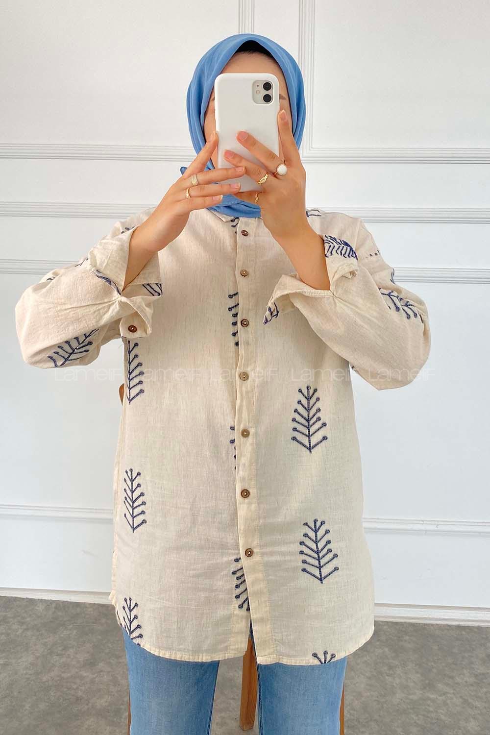 Modalamelif Motif İşlemeli Önü Kısa Arkası Uzun Gömlek Taş