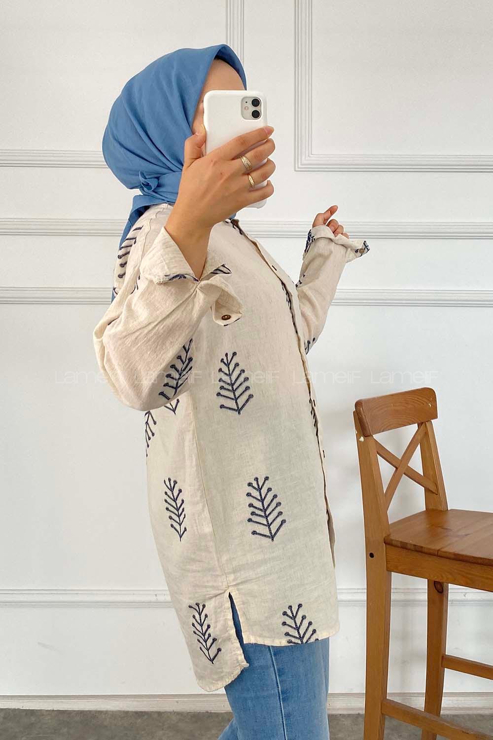 Modalamelif Motif İşlemeli Önü Kısa Arkası Uzun Gömlek Taş