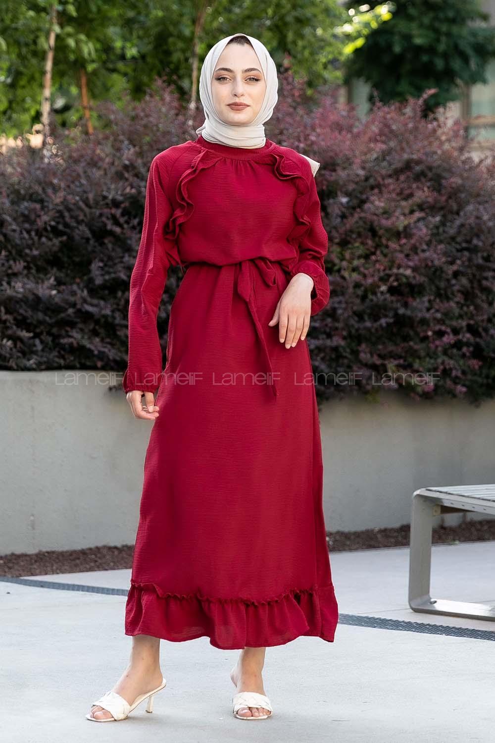 Modalamelif Ön ve Etek Fırfır Detaylı  Kuşaklı Ayrobin Elbise Bordo