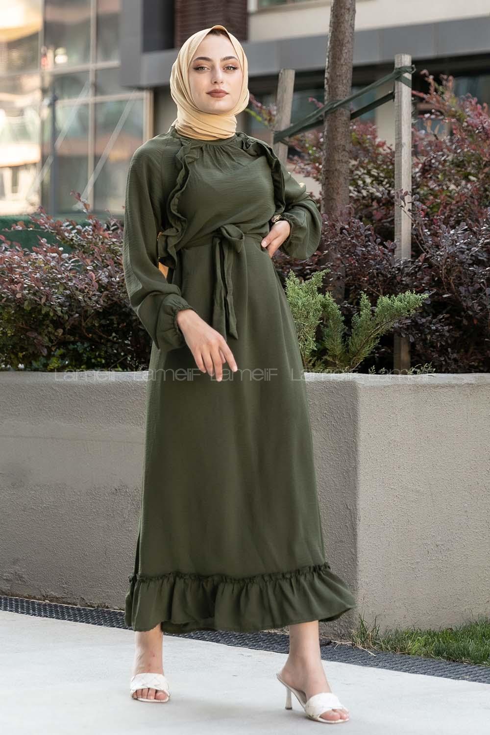Modalamelif Ön ve Etek Fırfır Detaylı  Kuşaklı Ayrobin Elbise Haki