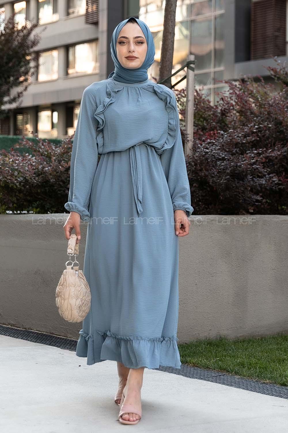 Modalamelif Ön ve Etek Fırfır Detaylı  Kuşaklı Ayrobin Elbise Mavi