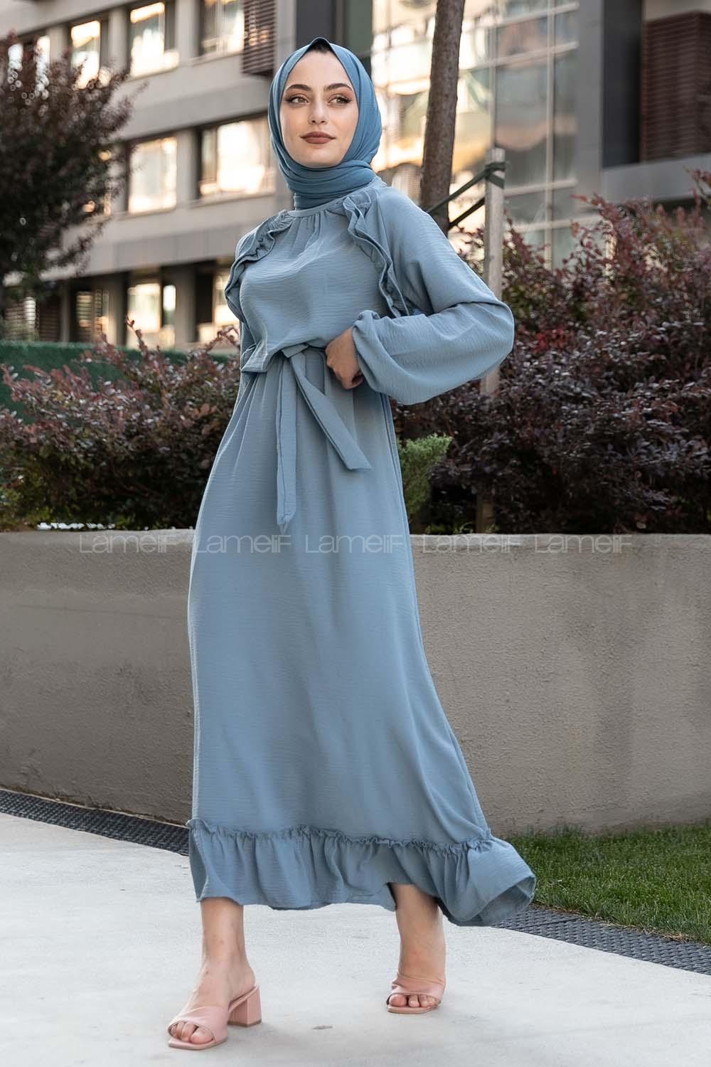 Modalamelif Ön ve Etek Fırfır Detaylı  Kuşaklı Ayrobin Elbise Mavi