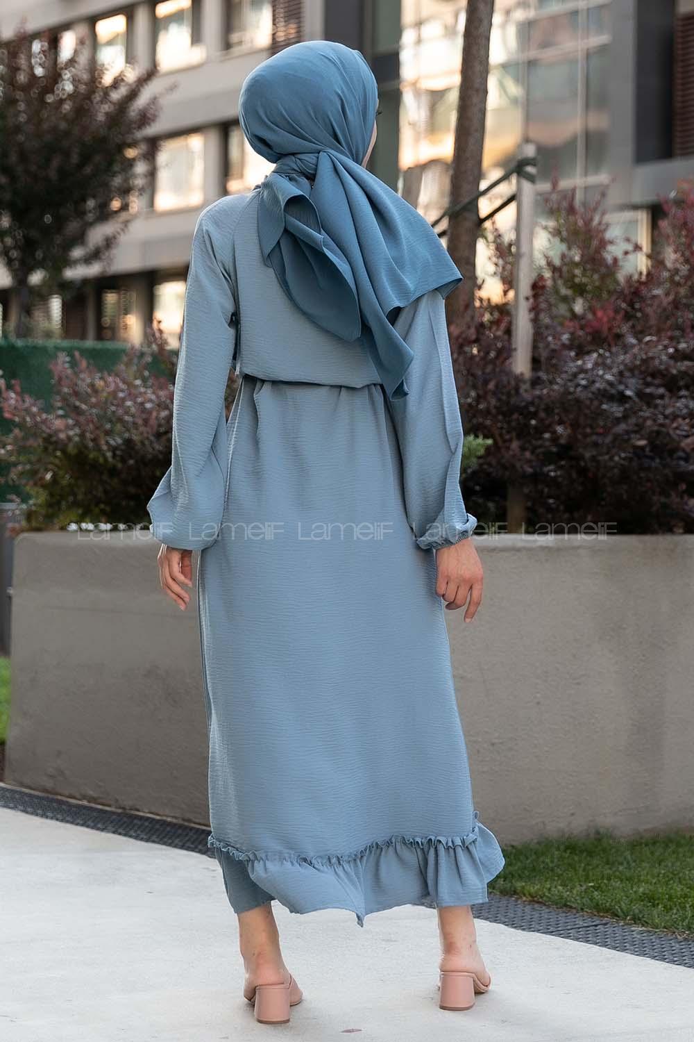 Modalamelif Ön ve Etek Fırfır Detaylı  Kuşaklı Ayrobin Elbise Mavi