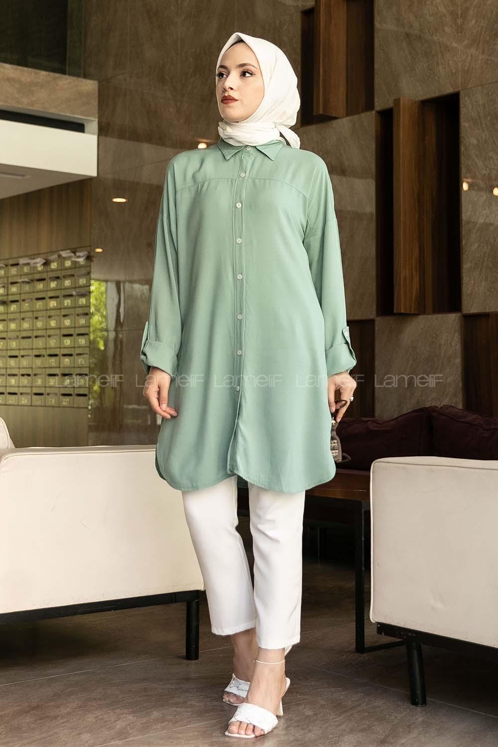 Modalamelif Önü Boydan Düğmeli Salaş  Tunik Gömlek Çağla Yeşili