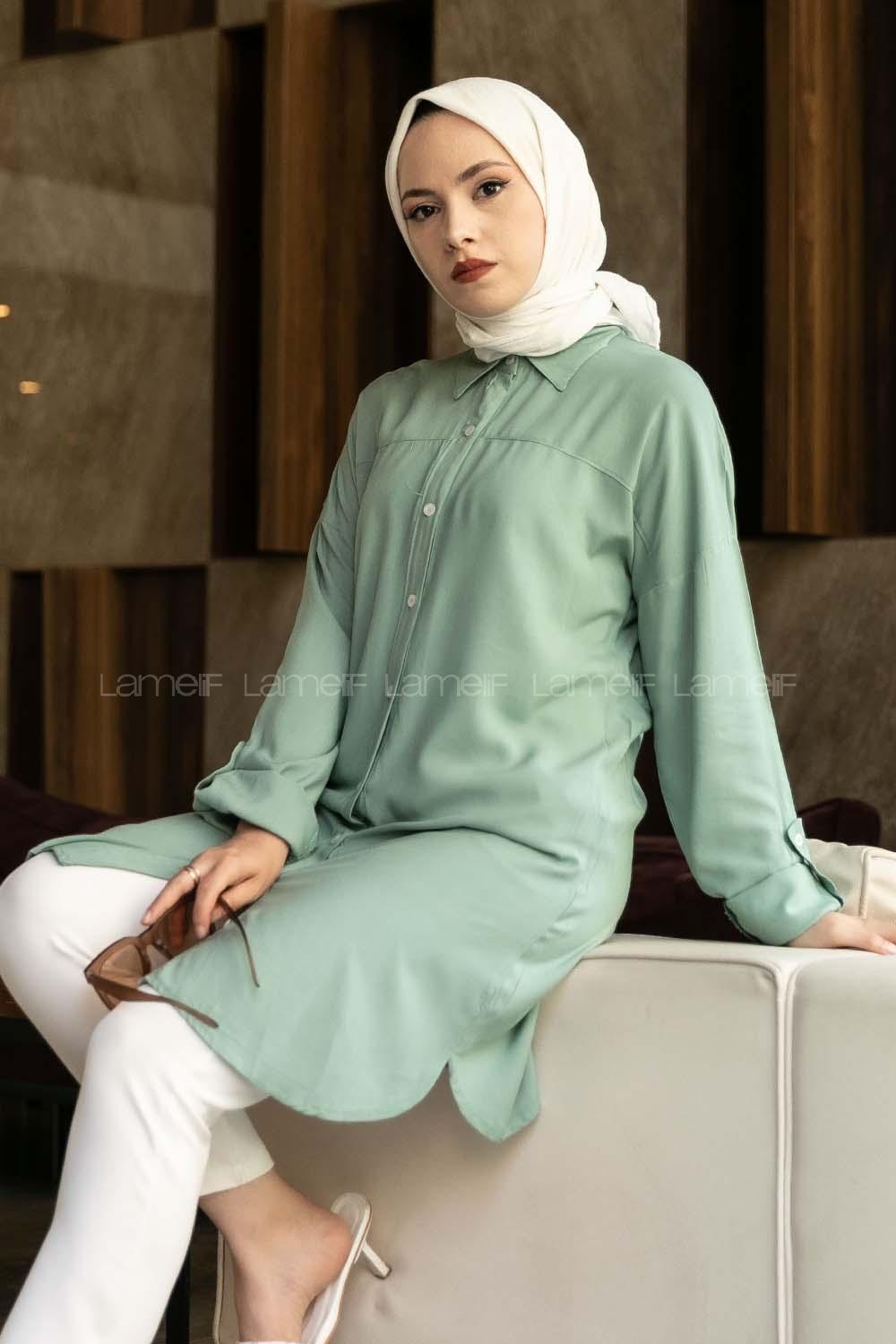 Modalamelif Önü Boydan Düğmeli Salaş  Tunik Gömlek Çağla Yeşili