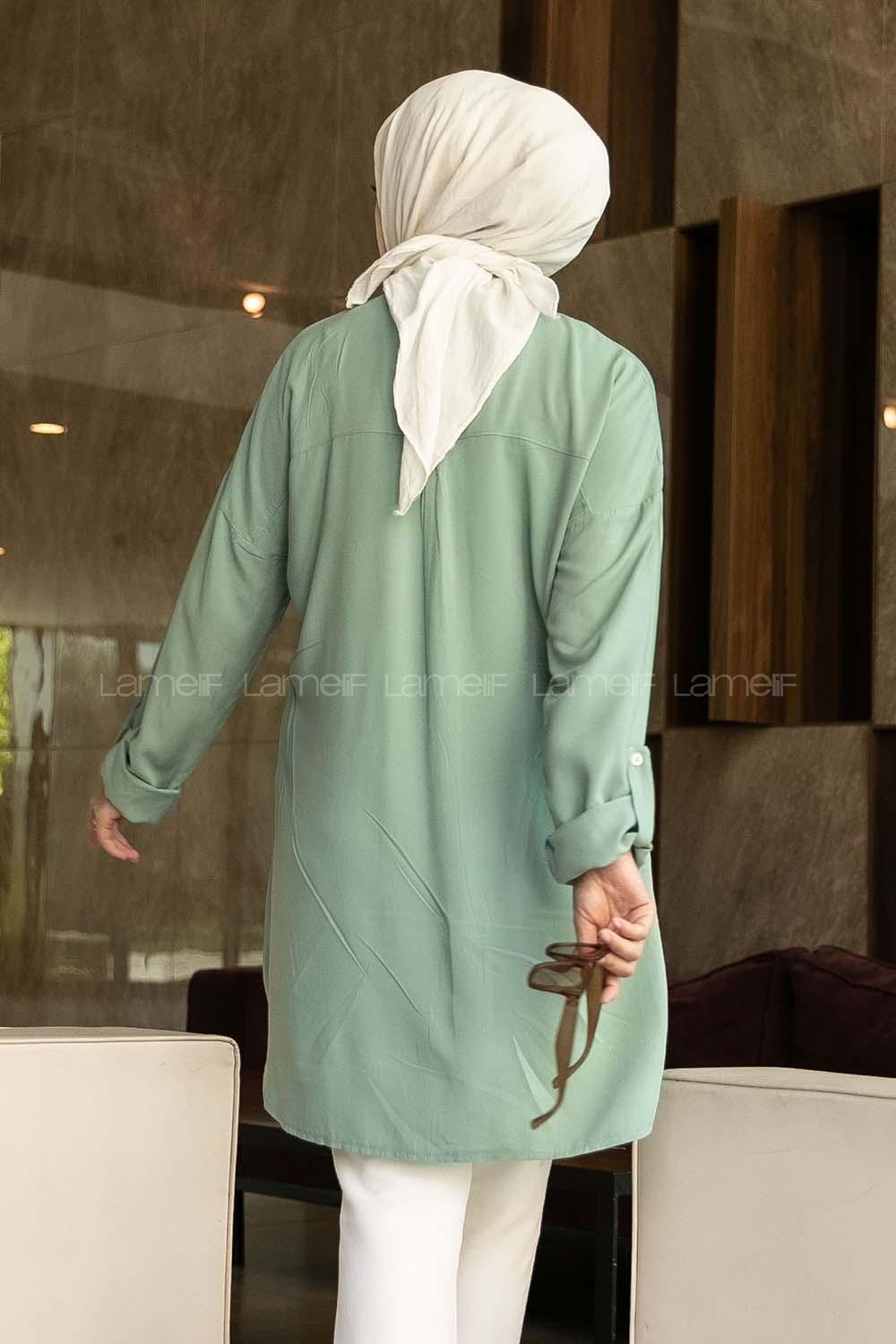 Modalamelif Önü Boydan Düğmeli Salaş  Tunik Gömlek Çağla Yeşili