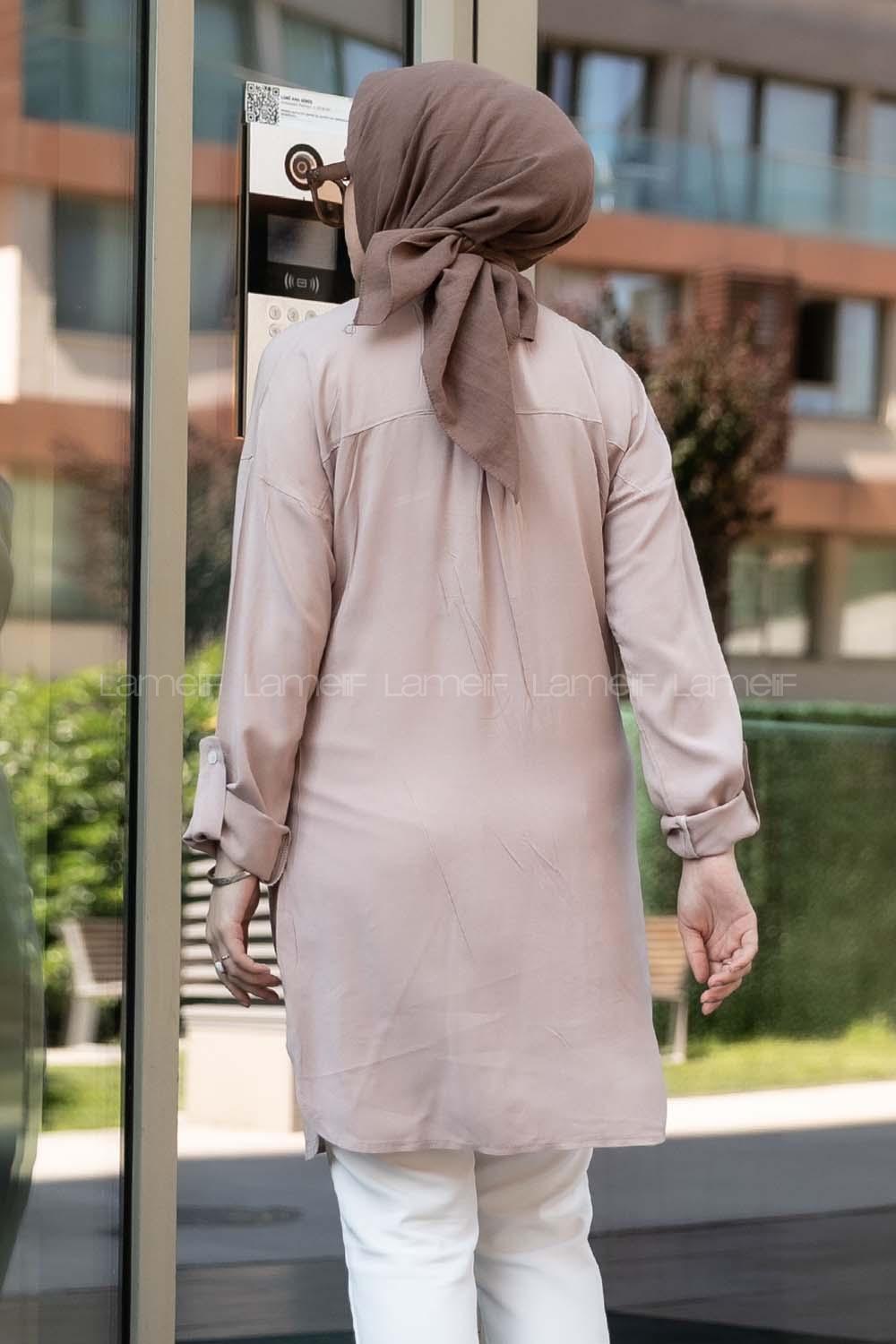 Modalamelif Önü Boydan Düğmeli Salaş  Tunik Gömlek Camel