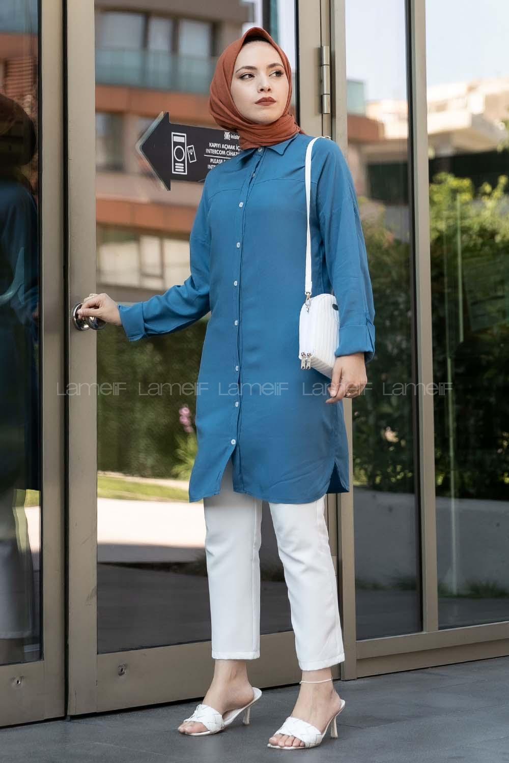 Modalamelif Önü Boydan Düğmeli Salaş  Tunik Gömlek İndigo