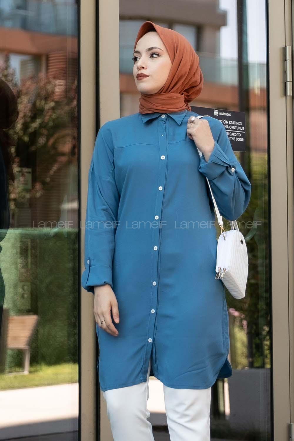 Modalamelif Önü Boydan Düğmeli Salaş  Tunik Gömlek İndigo