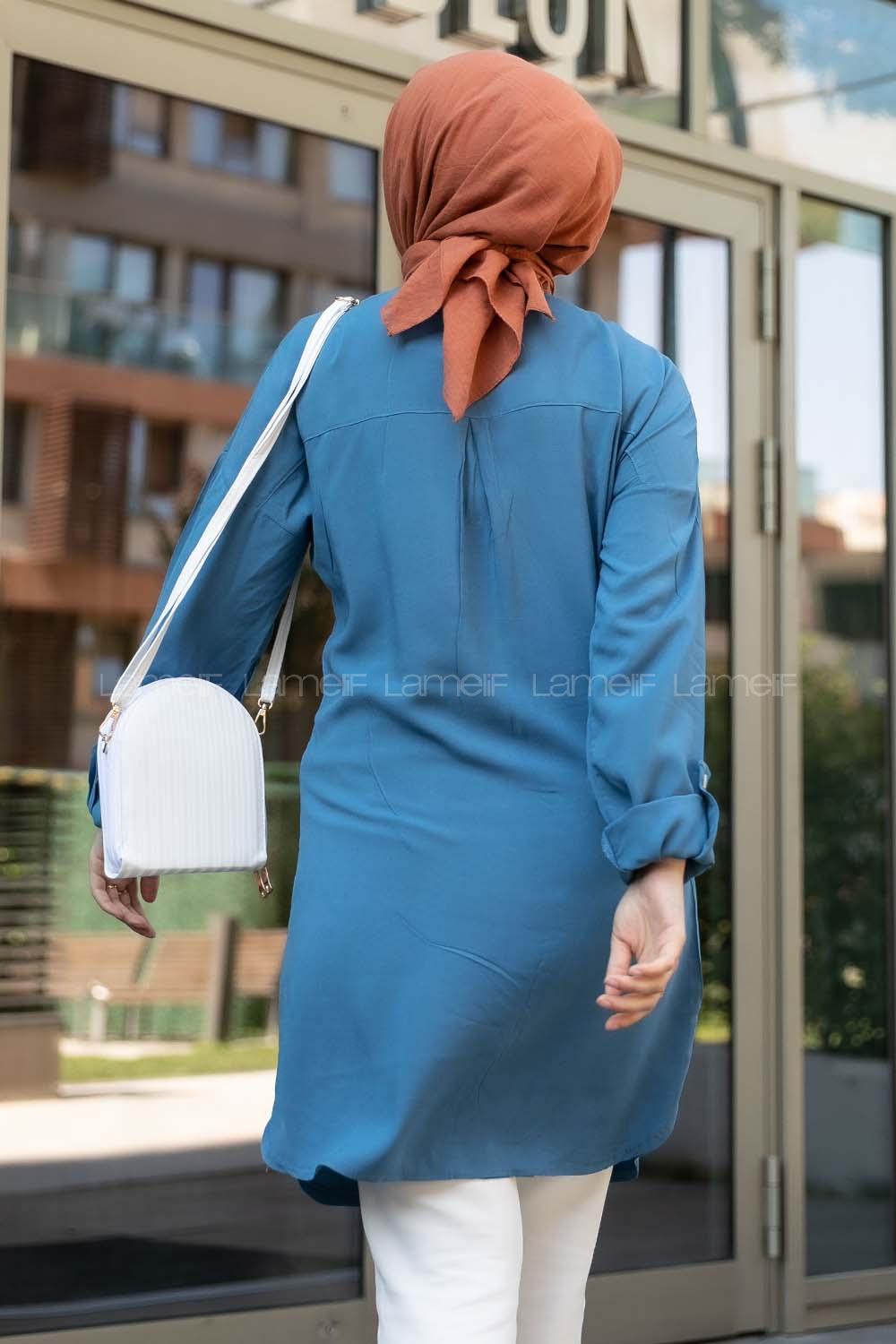 Modalamelif Önü Boydan Düğmeli Salaş  Tunik Gömlek İndigo