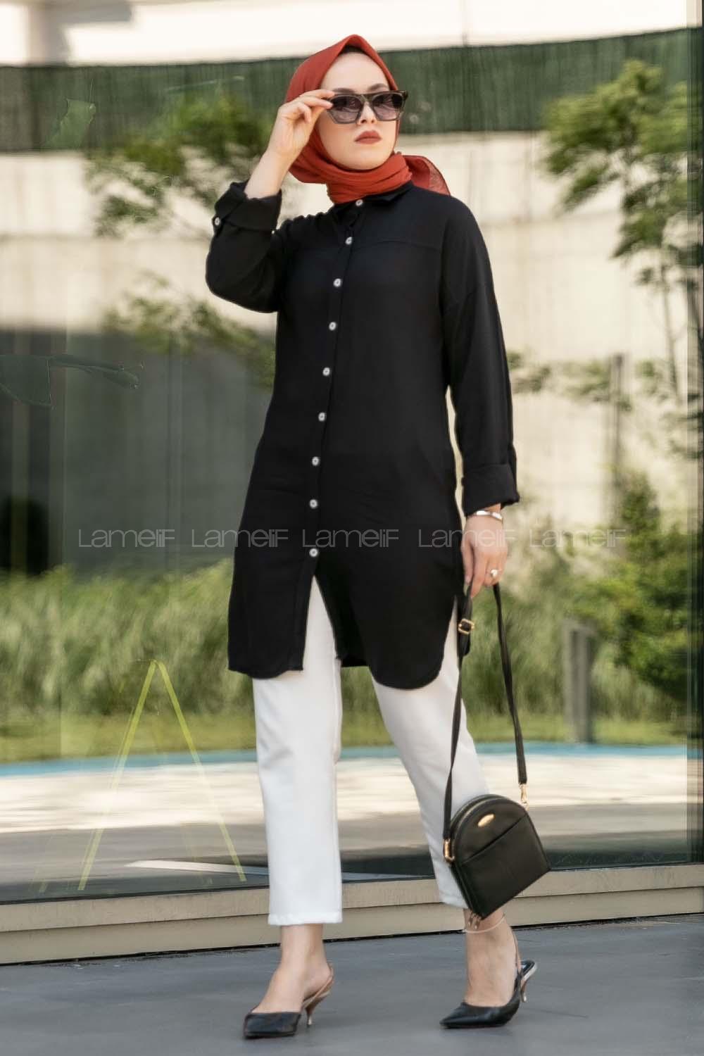 Modalamelif Önü Boydan Düğmeli Salaş  Tunik Gömlek Siyah