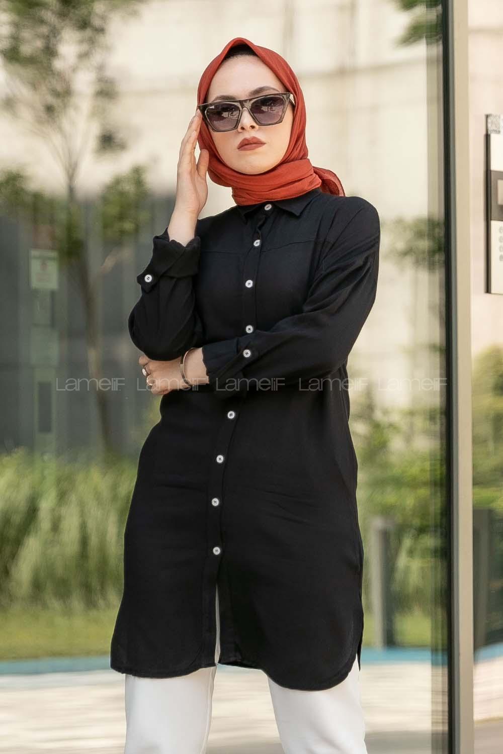 Modalamelif Önü Boydan Düğmeli Salaş  Tunik Gömlek Siyah