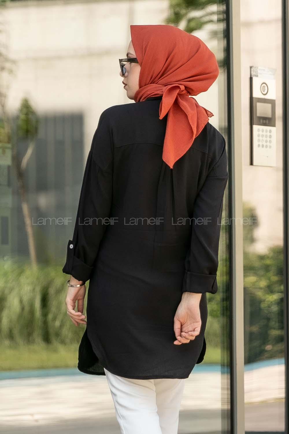 Modalamelif Önü Boydan Düğmeli Salaş  Tunik Gömlek Siyah