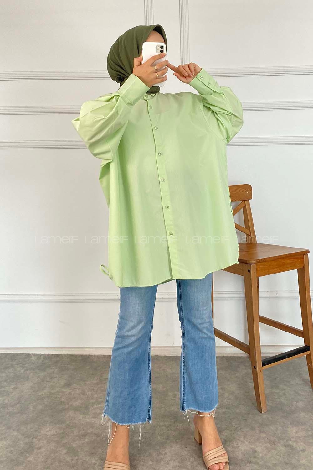 Modalamelif Önü Boydan Düğmeli Yan Yırtmaç Detaylı Gömlek Tunik Yeşil