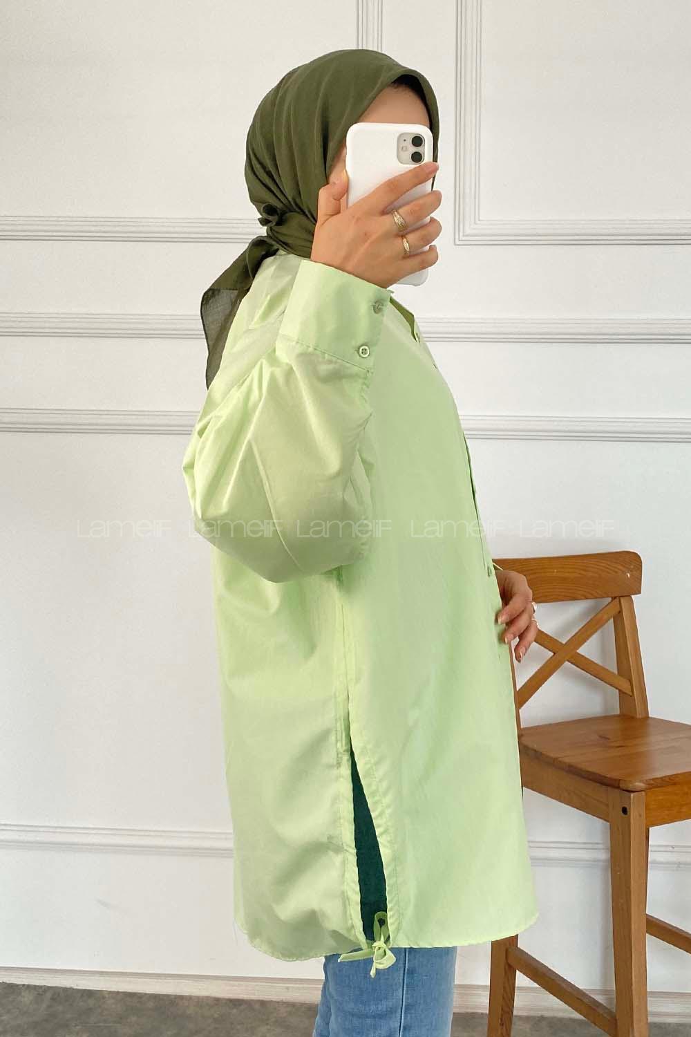 Modalamelif Önü Boydan Düğmeli Yan Yırtmaç Detaylı Gömlek Tunik Yeşil
