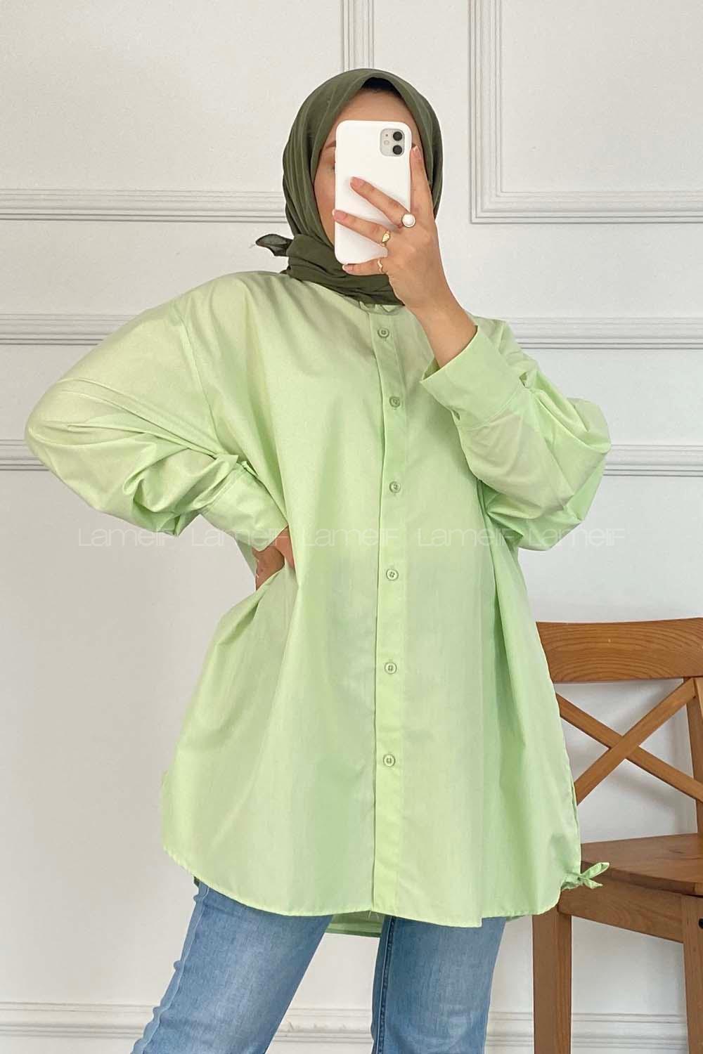 Modalamelif Önü Boydan Düğmeli Yan Yırtmaç Detaylı Gömlek Tunik Yeşil