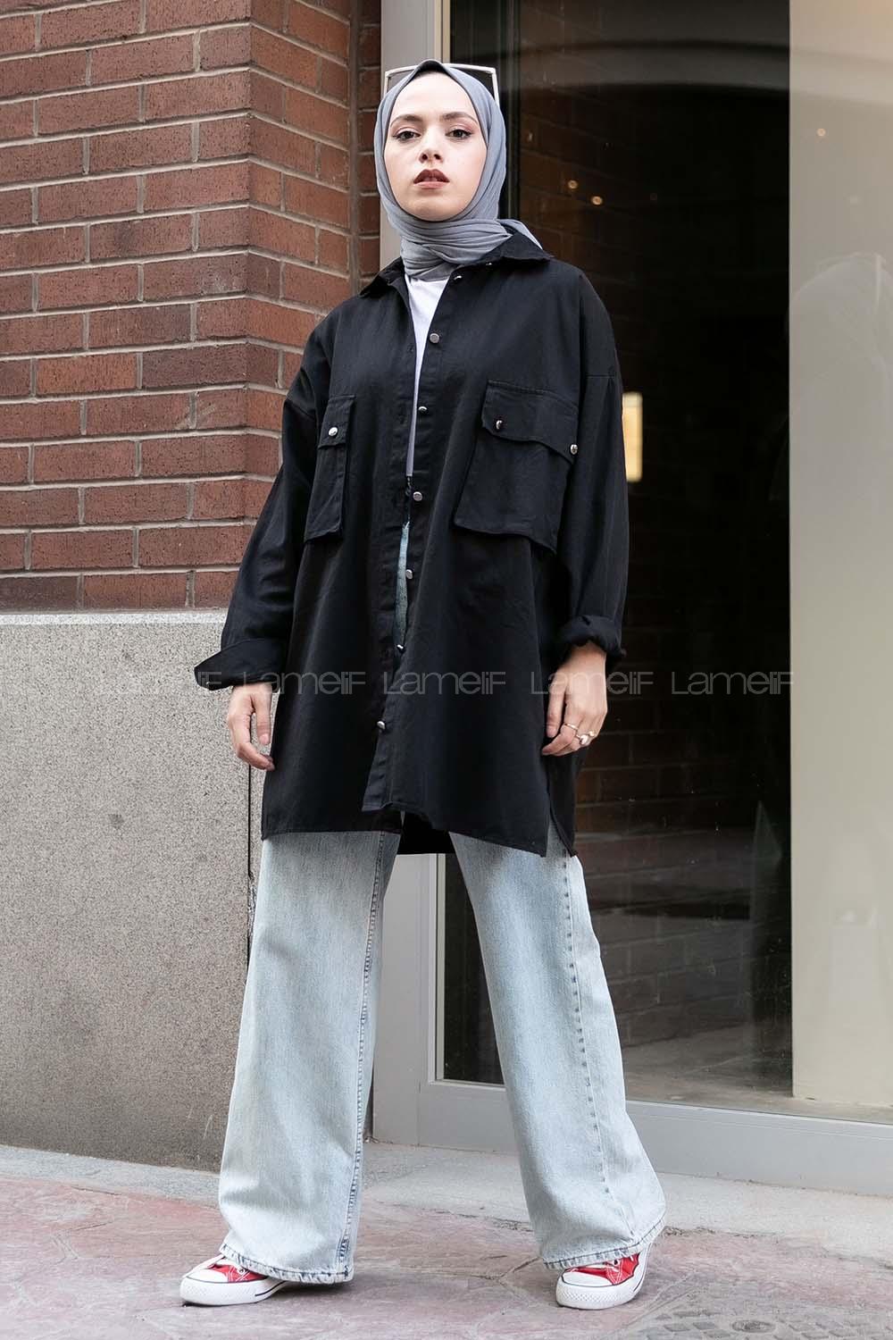 Modalamelif Önü Düğmeli Kapak Cepli Gabardin Gömlek Siyah