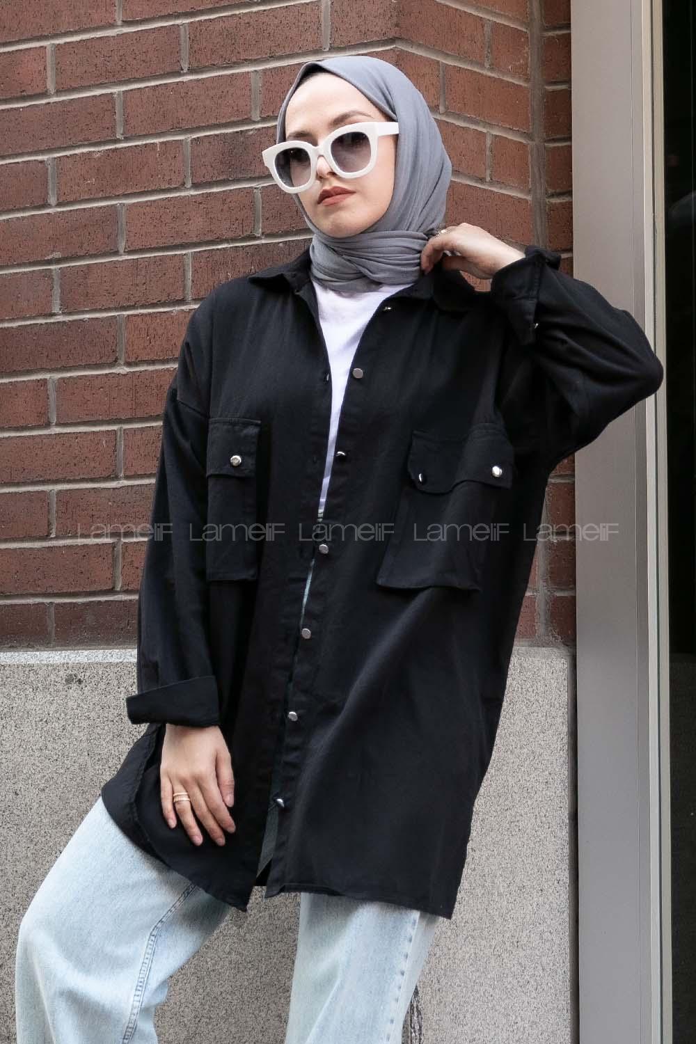 Modalamelif Önü Düğmeli Kapak Cepli Gabardin Gömlek Siyah