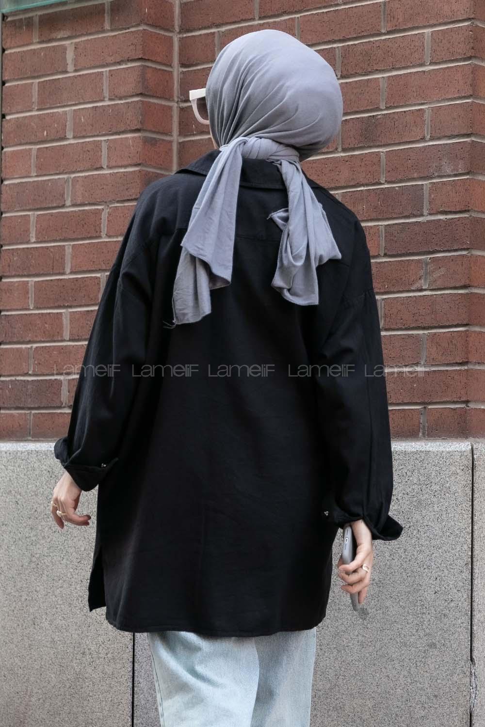 Modalamelif Önü Düğmeli Kapak Cepli Gabardin Gömlek Siyah