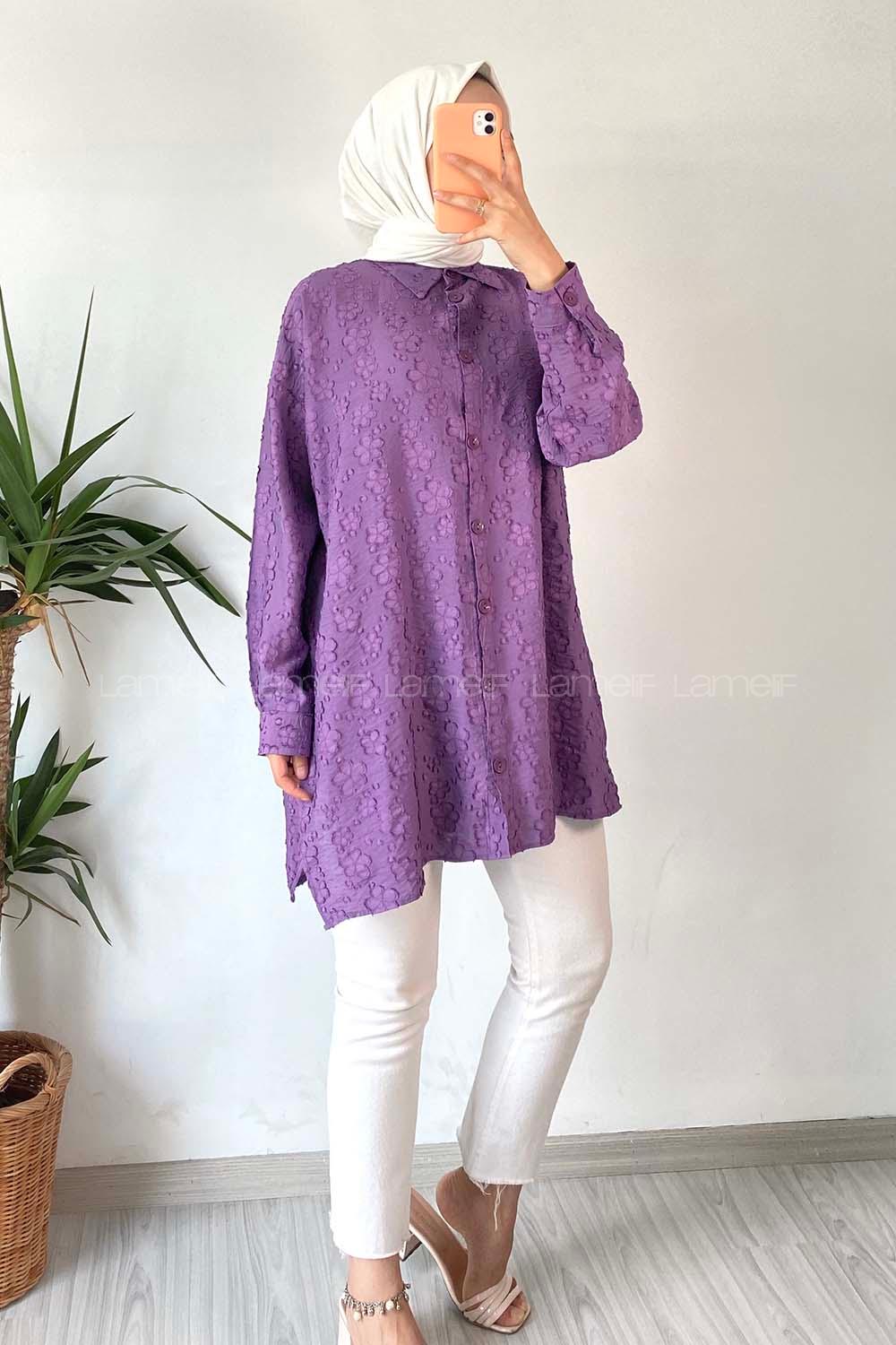 Modalamelif Önü Kısa Arkası Uzun Çiçek Motifli Jakarlı Gömlek Eflatun
