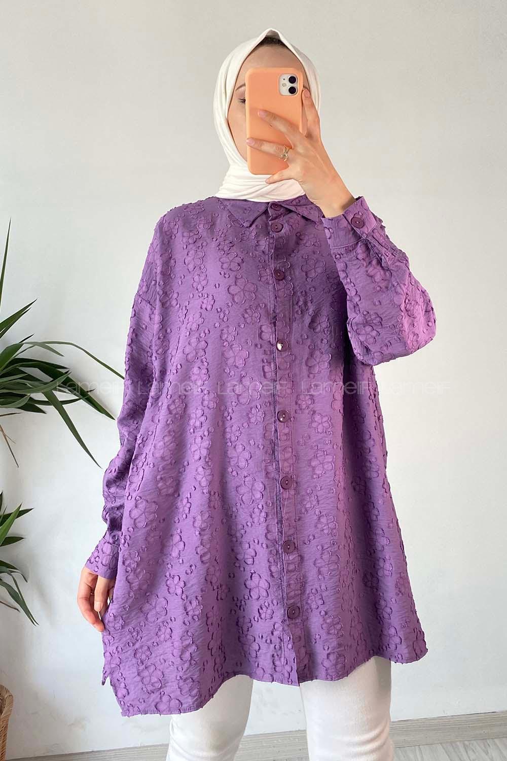 Modalamelif Önü Kısa Arkası Uzun Çiçek Motifli Jakarlı Gömlek Eflatun