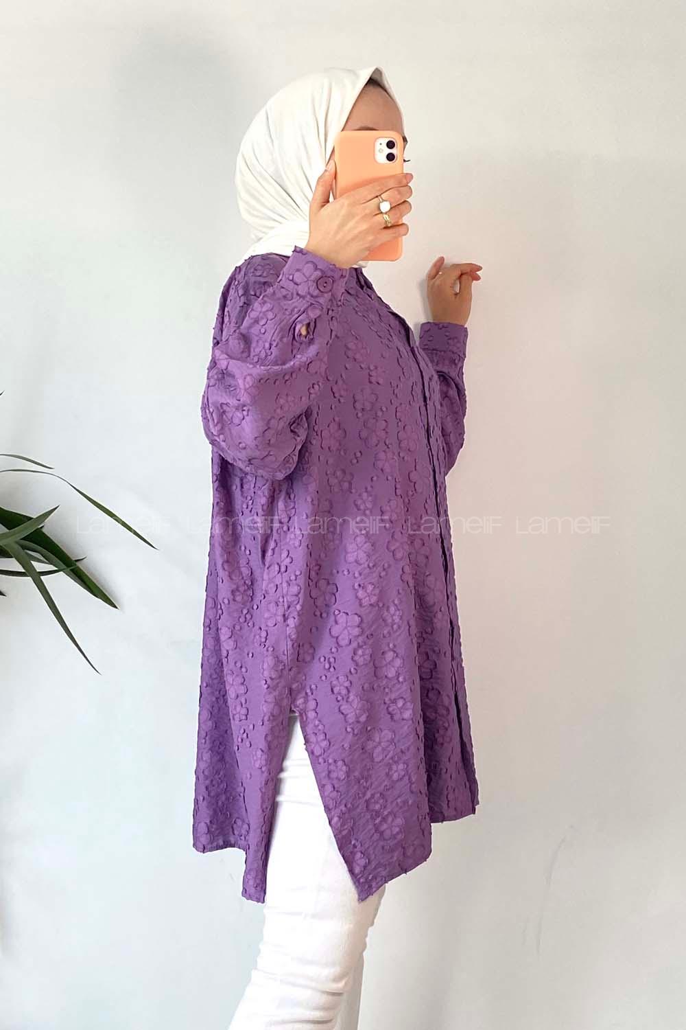 Modalamelif Önü Kısa Arkası Uzun Çiçek Motifli Jakarlı Gömlek Eflatun