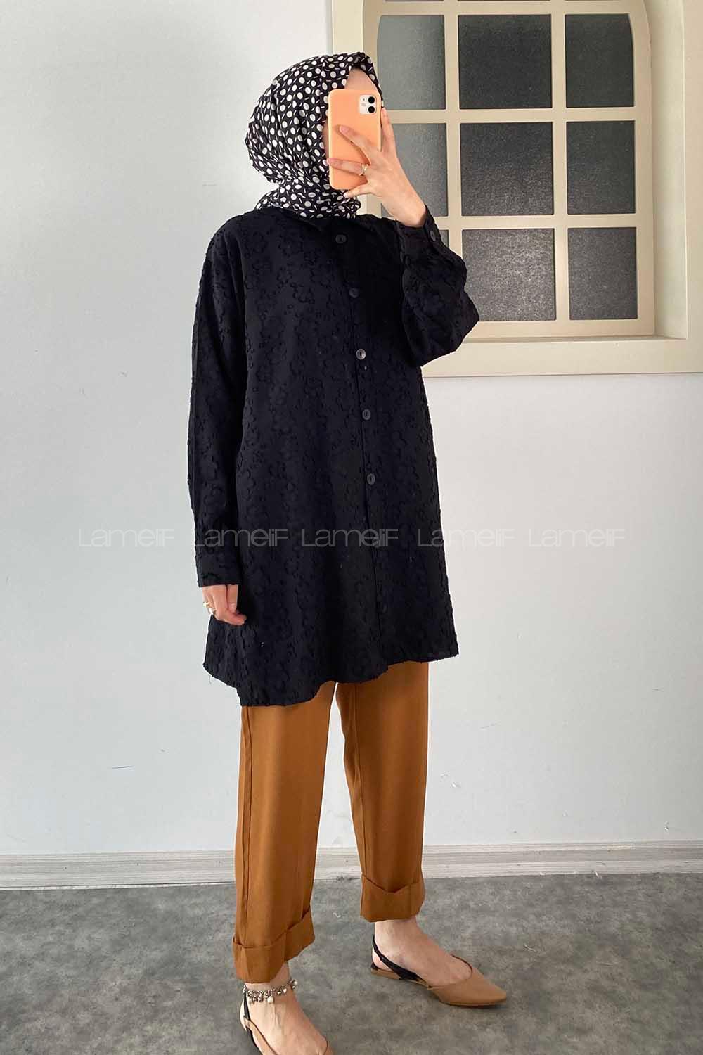 Modalamelif Önü Kısa Arkası Uzun Çiçek Motifli Jakarlı Gömlek Siyah