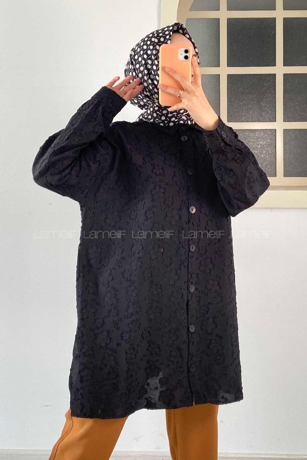 Modalamelif Önü Kısa Arkası Uzun Çiçek Motifli Jakarlı Gömlek Siyah