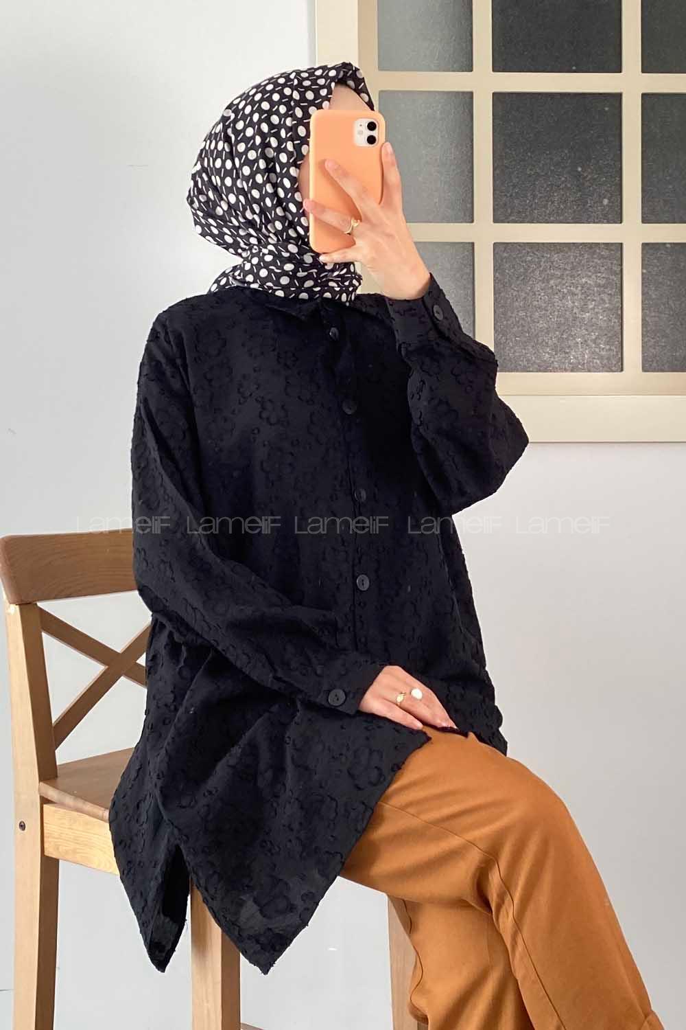 Modalamelif Önü Kısa Arkası Uzun Çiçek Motifli Jakarlı Gömlek Siyah