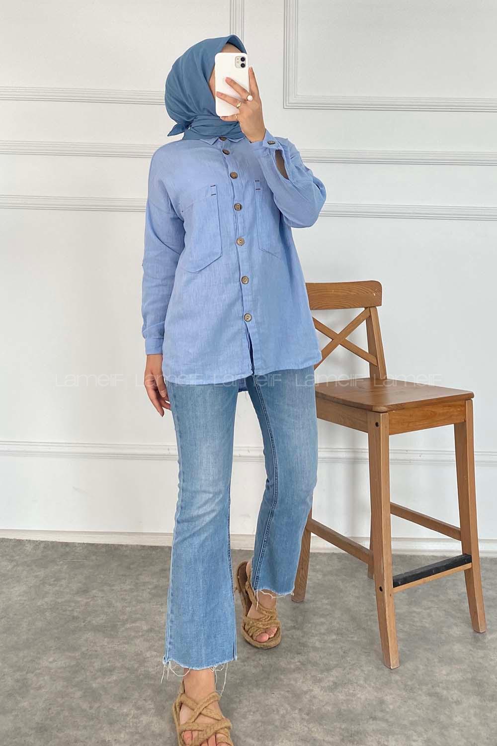 Modalamelif Önü Tahta Düğmeli Çift Cepli Gömlek Mavi