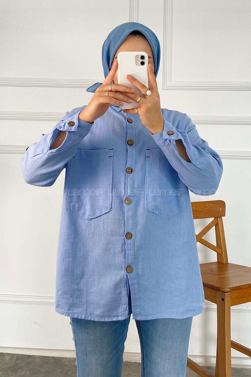 Modalamelif Önü Tahta Düğmeli Çift Cepli Gömlek Mavi