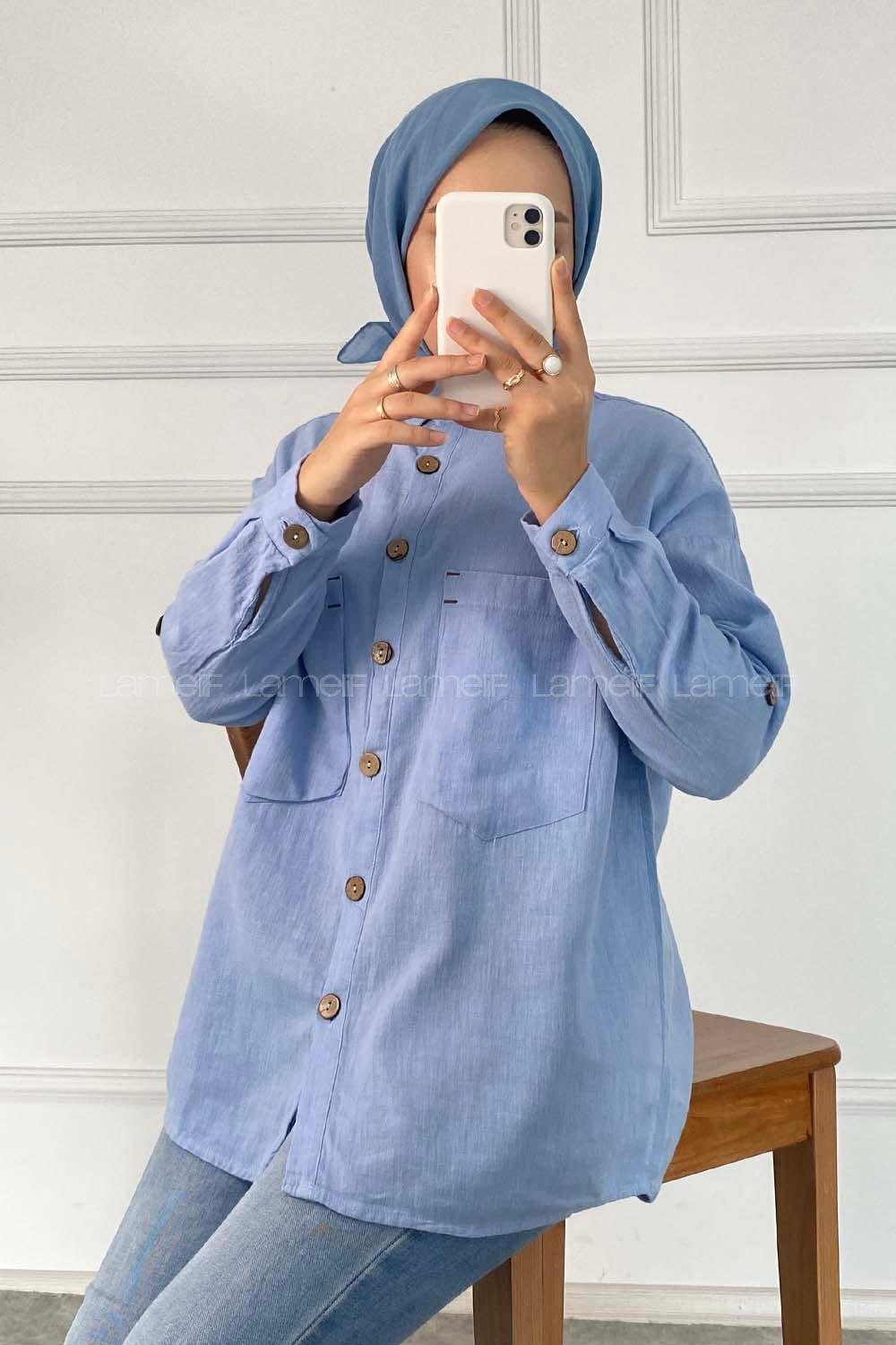 Modalamelif Önü Tahta Düğmeli Çift Cepli Gömlek Mavi